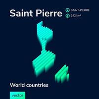 Saint Pierre 3D map. Stylized isometric neon striped map is in green colors on dark blue background vector