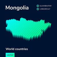 Mongolia 3D map. Stylized neon isometric striped vector Map in green colors on blue background