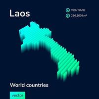 Laos 3D map. Stylized neon simple digital isometric striped vector Map is in green, turquoise and mint colors on the dark blue background