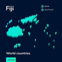 Stylized neon isometric striped vector Fiji map with 3d effect. Map of Fiji is in green and mint colors on the dark blue background
