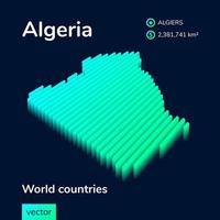 Stylized neon digital isometric striped vector Algeria map with 3d effect. Map of Algeria is in green and mint colors on the dark blue background