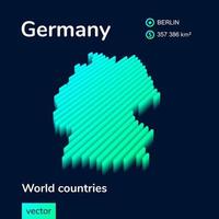 3D Map of Germany. Stylized striped neon isometric vector Germany map is in green and mint colors on the dark blue background