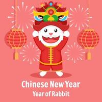 flat design chinese new year with rabbit holding lion dance head vector