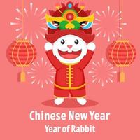 flat design chinese new year with rabbit holding lion dance head vector