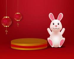 3d scene chinese new year with rabbit, lanterns and podium vector