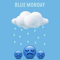 diseño de concepto de lunes azul con nubes realistas y emoji triste vector