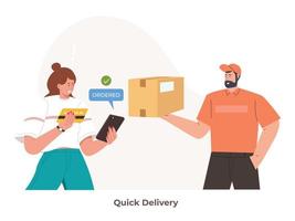 A person quickly delivers a parcel or pizza. Express food delivery and online shopping. quick delivery concept vector