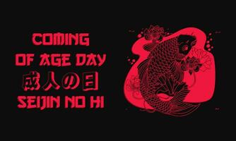 Happy Coming Of Age Day greeting car with Japanese Script and Koi Fish. Vector Illustration