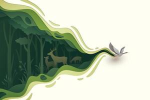 Flying bird in natural forest layered shape wavy background in paper cut style vector