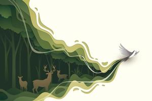 Flying bird in natural forest layered shape wavy background in paper cut style vector