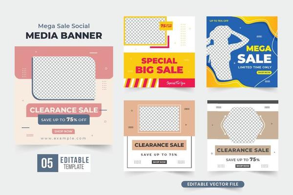 Store promotion social media post template bundle with abstract shapes. Mega sale web banner decoration with blue and pink colors. Modern business advertisement poster design for sale discount.