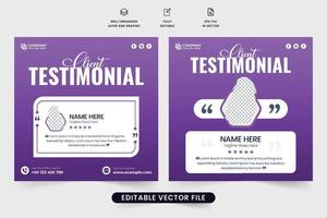 Business service review template design with comment and rating sections. Client testimonial layout template for social media marketing. Buyer feedback and web banner design with purple colors. vector