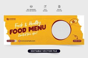 delicioso diseño de banner de menú de comida con efectos de pincel. vector de plantilla de promoción de alimentos con colores granate y amarillo para la portada de las redes sociales. diseño de banner web comercial de restaurante para marketing.