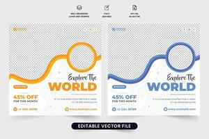 vector de plantilla de promoción de agencia de planificador de viajes de vacaciones para marketing en redes sociales. diseño de publicaciones en redes sociales de negocios de viajes con formas abstractas. vector de banner web de publicidad de grupo turístico.