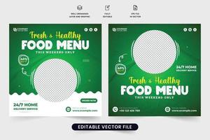 menú de comida fresca y saludable diseño de publicaciones en redes sociales para los restaurantes. diseño de plantilla de descuento de menú de comida con colores verde y blanco. vector de plantilla de promoción de negocios de alimentos en línea.