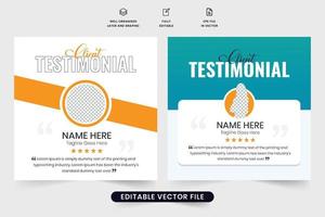 Client testimonial social media post design with creative shapes for website promotion. Client service review and rating layout vector with yellow and aqua colors. Customer feedback web banner vector.