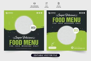 Food menu weekend discount social media post template design with green and dark colors. Restaurant food menu promotional poster design for marketing. Culinary food template for restaurants. vector