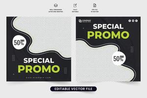 Diseño especial de plantillas de descuento para restaurantes con colores blanco y verde sobre fondos oscuros. vector de banner web promocional de negocios culinarios con oferta de descuento. diseño de afiches promocionales de comida.