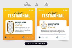 diseño de testimonios creativos con colores amarillos y oscuros para comentarios comerciales. vector de diseño de revisión de servicio al cliente con marcadores de posición de fotos. retroalimentación especial del cliente y diseño de plantilla de calificación.