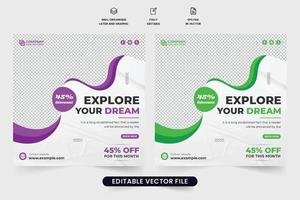 Tour and travel social media post vector with purple and green colors. Travel agency promotional web banner design with creative shapes. Vacation planner agency poster design with discount offer.