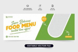 Restaurant food web banner design with orange and green colors. Food menu social media cover vector with abstract brush effect. Food menu discount offer template design for social media marketing.