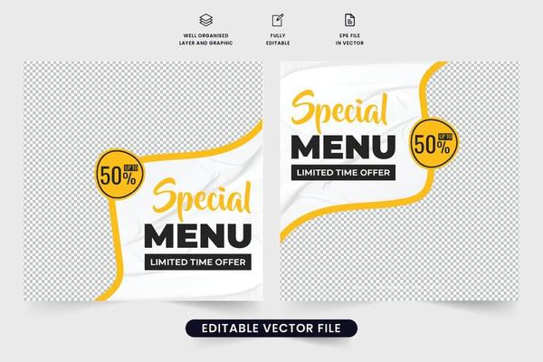 Special food menu promo template design for social media marketing. Food discount poster template vector with abstract shapes and photo placeholders. Food promo social media post with yellow color.