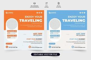 diseño de carteles publicitarios de viajes de vacaciones con oferta de descuento. vector de plantilla de planificador de vacaciones con colores naranja y azul. diseño de banner web de promoción de negocios de viajes para marketing en redes sociales.