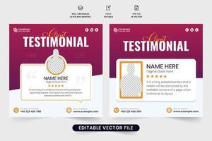 diseño de banner web de comentarios de servicio al cliente con secciones de cotización y calificación. diseño de plantilla de testimonio de cliente para promoción comercial. vector de publicación de redes sociales de diseño de revisión de sitio web con color púrpura.