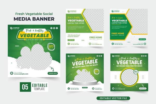 Organic food menu template collection with creative shapes. Vegetable social media post set design for digital marketing. Fresh vegetable business poster bundle with yellow and green colors.