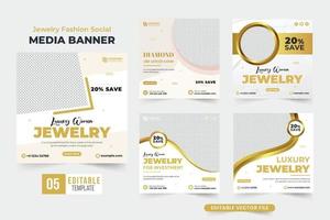 Plantilla de anuncio de negocios de joyería de lujo con formas abstractas. venta de adornos colección de publicaciones en redes sociales para marketing digital. paquete especial de afiches promocionales de joyería con color dorado. vector