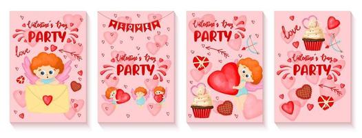 un conjunto de carteles de invitación para la fiesta de san valentín el 14 de febrero. Cupido lindo te invita a una fiesta romántica. formato vertical. vector