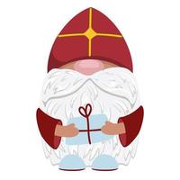 personaje del día de san nicolás aislado en blanco. el gnomo está sosteniendo un regalo. nicholas anciano religión cristiana. mitra roja. sacerdote enano. vector