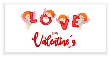 Valentine's day horizontal banner with angels. word love. .Happy love day. vector