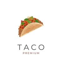 logotipo de ilustración de taco fresco con relleno de carne y verduras vector