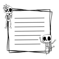 Notepaper black line and Skeleton boy girl on two square. Vector illustration about Halloween for decorate, greeting cards, stationery and any design.