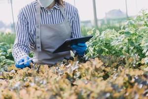 Futuristic businessman farms vegetables and crops using modern AI technology using mobile phones, temperature and humidity sensors, water tracking, climate control, holographic data data icons. photo