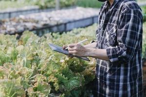 Futuristic businessman farms vegetables and crops using modern AI technology using mobile phones, temperature and humidity sensors, water tracking, climate control, holographic data data icons. photo