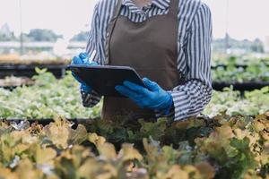 Futuristic businessman farms vegetables and crops using modern AI technology using mobile phones, temperature and humidity sensors, water tracking, climate control, holographic data data icons. photo