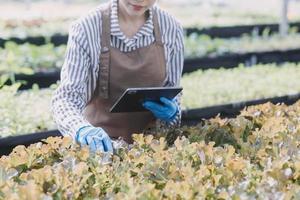 Futuristic businessman farms vegetables and crops using modern AI technology using mobile phones, temperature and humidity sensors, water tracking, climate control, holographic data data icons. photo