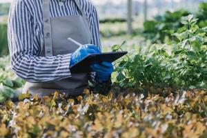 Futuristic businessman farms vegetables and crops using modern AI technology using mobile phones, temperature and humidity sensors, water tracking, climate control, holographic data data icons. photo