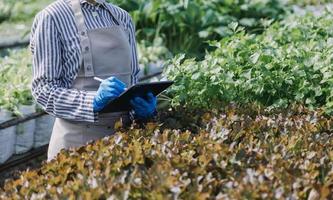 Futuristic businessman farms vegetables and crops using modern AI technology using mobile phones, temperature and humidity sensors, water tracking, climate control, holographic data data icons. photo