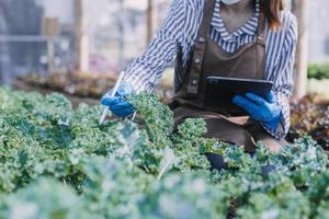 Futuristic businessman farms vegetables and crops using modern AI technology using mobile phones, temperature and humidity sensors, water tracking, climate control, holographic data data icons. photo