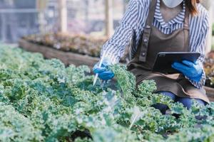 Futuristic businessman farms vegetables and crops using modern AI technology using mobile phones, temperature and humidity sensors, water tracking, climate control, holographic data data icons. photo
