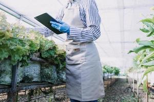 Futuristic businessman farms vegetables and crops using modern AI technology using mobile phones, temperature and humidity sensors, water tracking, climate control, holographic data data icons. photo