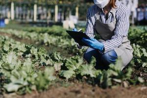 Futuristic businessman farms vegetables and crops using modern AI technology using mobile phones, temperature and humidity sensors, water tracking, climate control, holographic data data icons. photo
