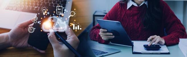 man use Laptop with cloud computing diagram show on hand. Cloud technology. Data storage. Networking and internet service concept. photo