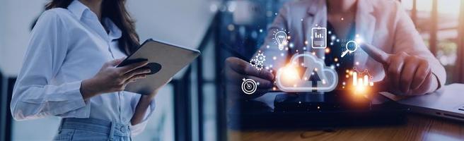 man use Laptop with cloud computing diagram show on hand. Cloud technology. Data storage. Networking and internet service concept. photo