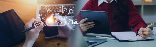 man use Laptop with cloud computing diagram show on hand. Cloud technology. Data storage. Networking and internet service concept. photo
