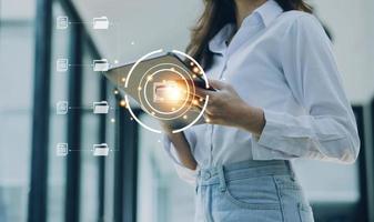 Document Management System , online documentation database and process automation to efficiently manage files, knowledge and documentation in enterprise with ERP. Corporate business technology. photo