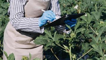 Futuristic businessman farms vegetables and crops using modern AI technology using mobile phones, temperature and humidity sensors, water tracking, climate control, holographic data data icons. photo